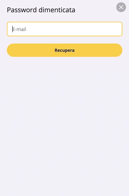 Modulo recupero password con campo email e pulsante Recupera