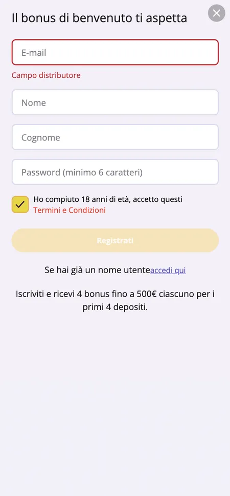 Form di registrazione Stellare Casino su mobile